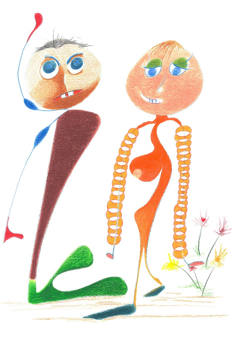 Motiv 6 von Noret_Fé: zwei gezeichnete Figuren in braun und orange, mit Buntstift und Farbe auf hellem Grund.