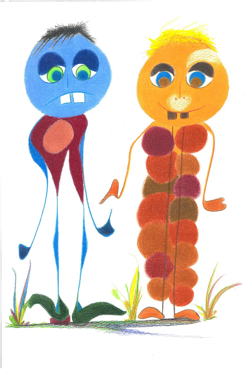 Motiv 9 von Noret_Fé: zwei gezeichnete Figuren in blau und rot, mit Buntstift und Farbe auf hellem Grund.