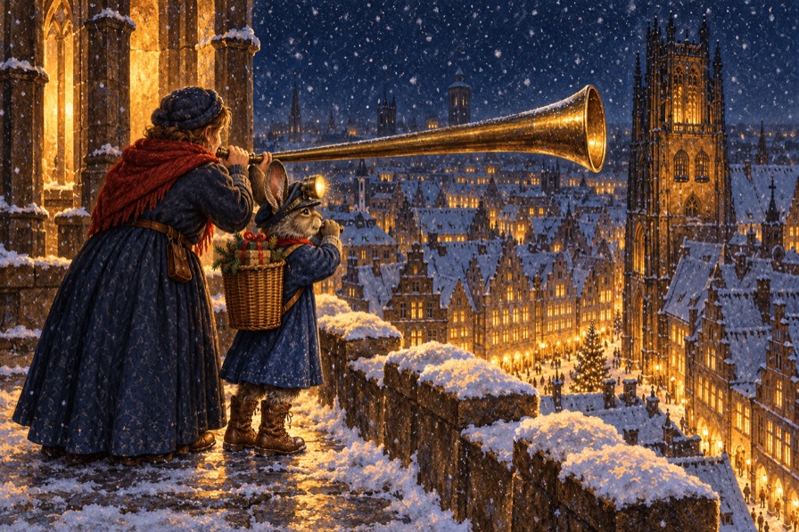 Lampert hält oben auf dem Lambertiturm zusammen mit der Türmerin das Horn, unter ihnen die verschneite Stadt