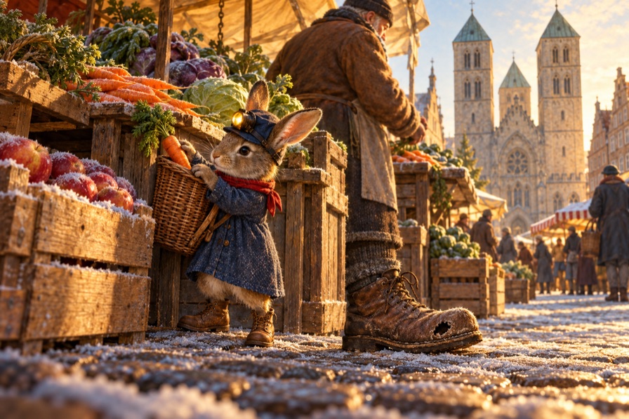 Lampert steckt auf dem Wochenmarkt am Dom heimlich eine Möhre in seine Kiepe