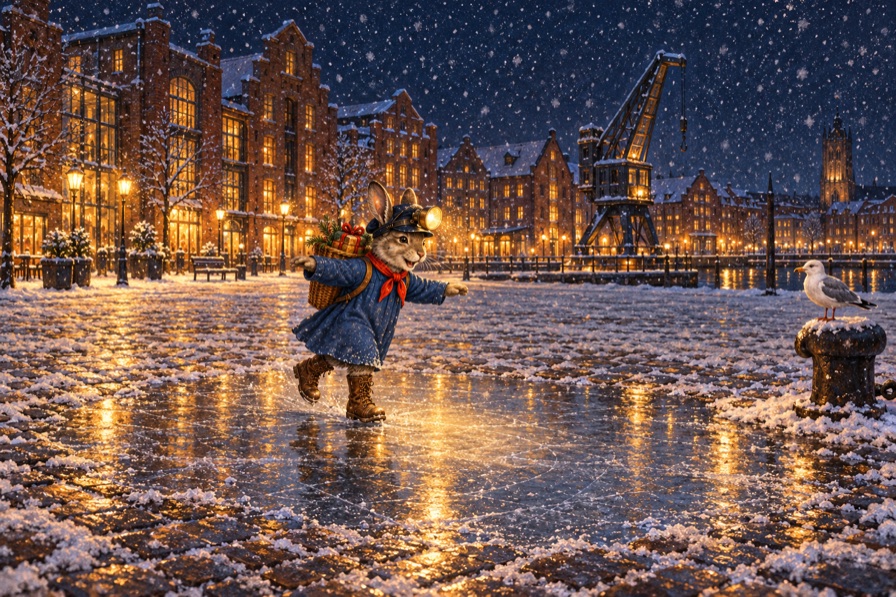 Lampert gleitet mit ausgebreiteten Armen über eine gefrorene Pfütze am Stadthafen, eine Möwe schaut vom Poller zu