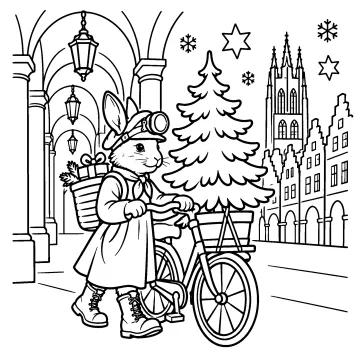 Malvorlage 2: Lampert schiebt seine Leeze mit einem Tannenbaum unter den Bögen des Prinzipalmarkts, hinten Lamberti, als Linienzeichnung