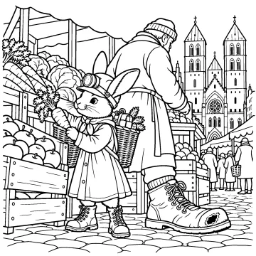 Malvorlage 3: Lampert steckt am Gemüsestand auf dem Domplatz eine Möhre in die Kiepe, daneben der Händler mit einem Stiefel mit Loch, hinten der Dom, als Linienzeichnung