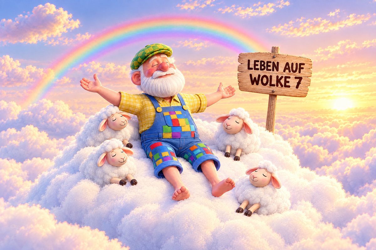 Der Opa mit grüner Karomütze liegt mit offenen Armen auf einer Wolke, um ihn schlafen Schafe, dahinter ein Regenbogen. Auf dem Schild steht „Leben auf Wolke 7“.