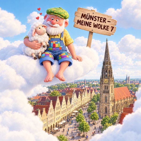Illustration Nr. 02: Der Opa hält ein Schaf im Arm, unter der Wolke liegen der Prinzipalmarkt und St. Lamberti.