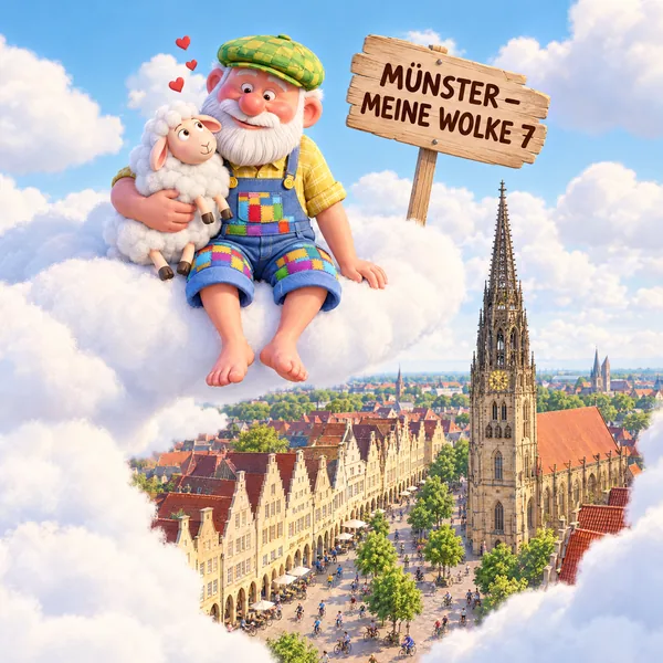 Illustration Nr. 02: Der Opa hält ein Schaf im Arm, unter der Wolke liegen der Prinzipalmarkt und St. Lamberti.