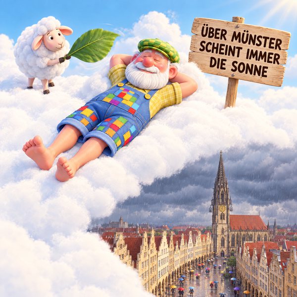 Illustration Nr. 03: Der Opa sonnt sich, ein Schaf fächelt ihm mit einem Blatt Luft zu. Unten regnet es über dem Prinzipalmarkt.