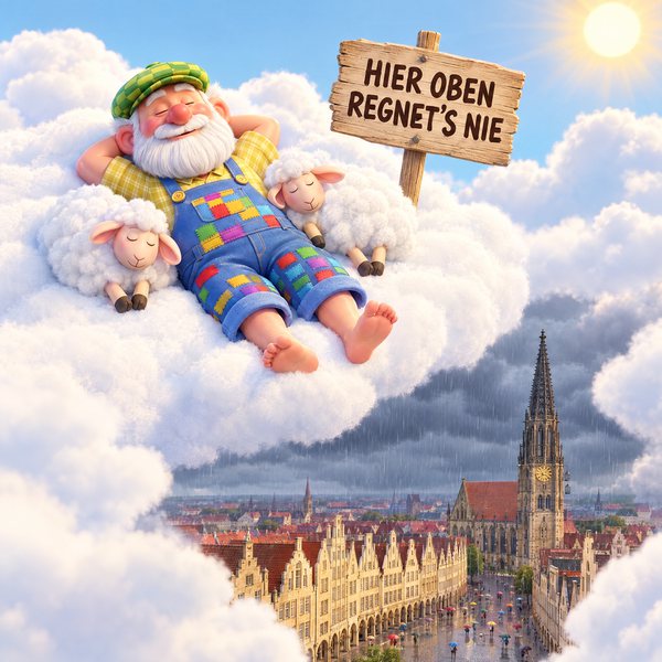 Illustration Nr. 04: Opa und Schafe schlafen in der Sonne, unter der Wolke regnet es auf den Prinzipalmarkt und St. Lamberti.