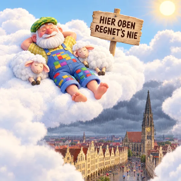 Illustration Nr. 04: Opa und Schafe schlafen in der Sonne, unter der Wolke regnet es auf den Prinzipalmarkt und St. Lamberti.