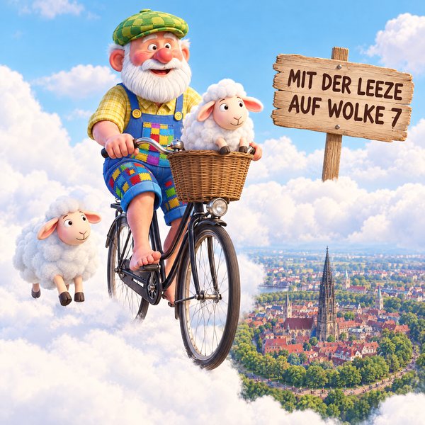 Illustration Nr. 05: Der Opa radelt mit einem Schaf im Fahrradkorb über die Wolken, unten Münster mit St. Lamberti und der Promenade. Leeze sagt man in Münster zum Fahrrad.