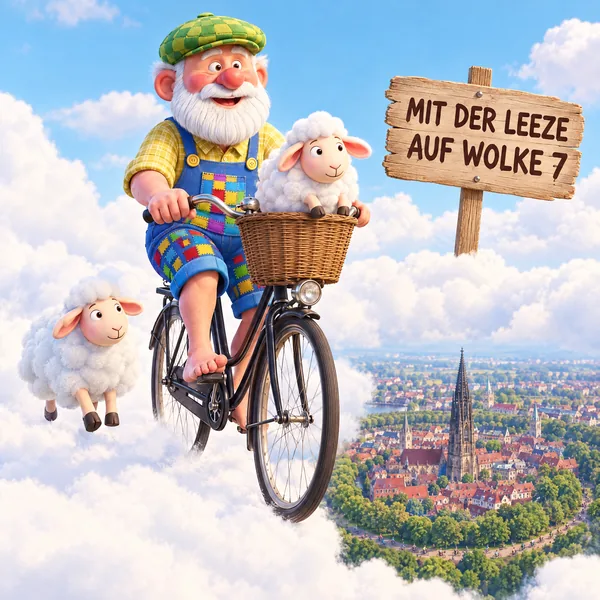 Illustration Nr. 05: Der Opa radelt mit einem Schaf im Fahrradkorb über die Wolken, unten Münster mit St. Lamberti und der Promenade. Leeze sagt man in Münster zum Fahrrad.