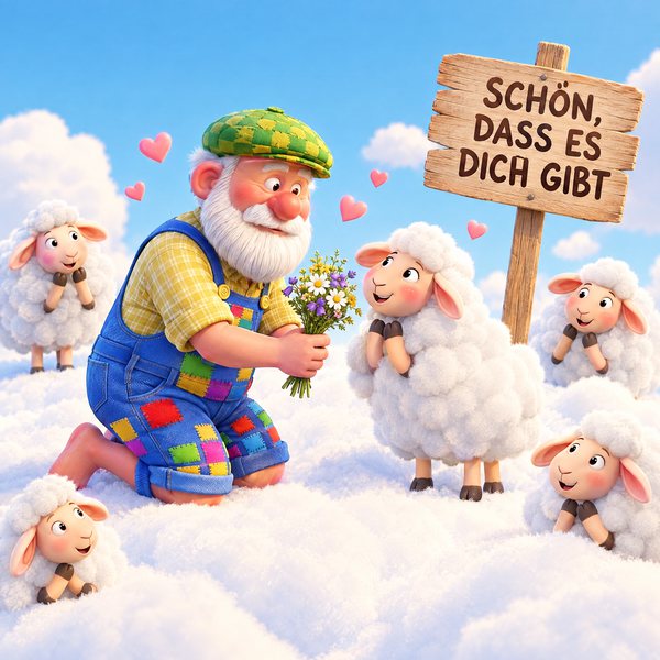 Illustration Nr. 07: Der Opa kniet mit einem Blumenstrauß vor einem Schaf, rundherum kleine Herzen.