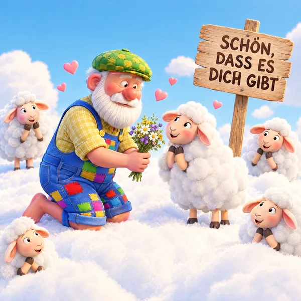 Illustration Nr. 07: Der Opa kniet mit einem Blumenstrauß vor einem Schaf, rundherum kleine Herzen.