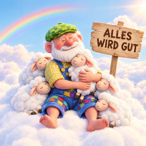 Illustration Nr. 08: Der Opa kuschelt sich zwischen seine Schafe, darüber ein Regenbogen.