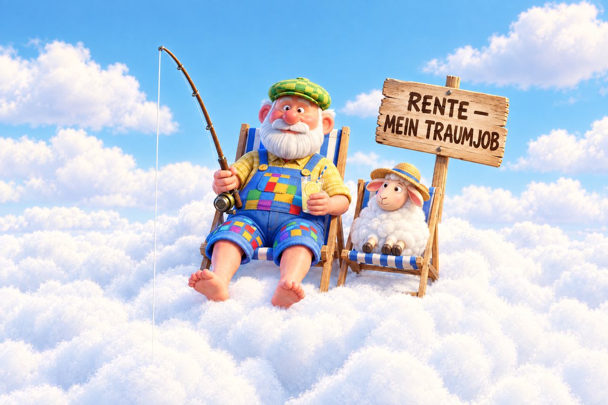 Illustration „Rente – mein Traumjob“: der Opa angelt aus dem Liegestuhl auf einer Wolke, daneben ein Schaf mit Sonnenhut