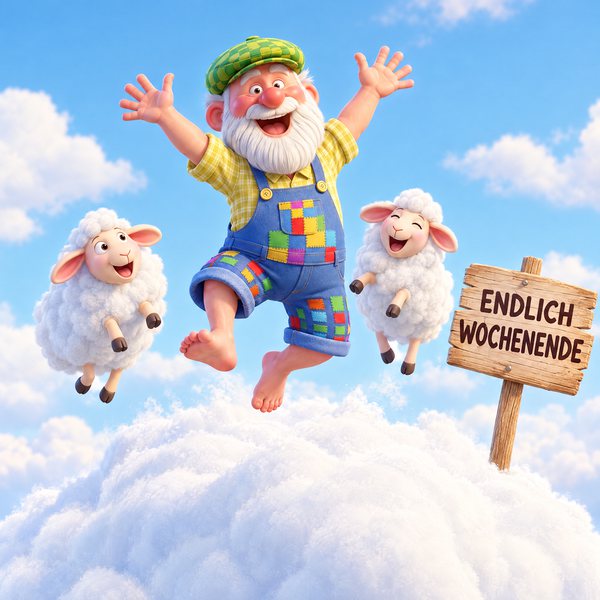 Illustration Nr. 10: Der Opa springt vor Freude in die Luft, die Schafe hüpfen mit.
