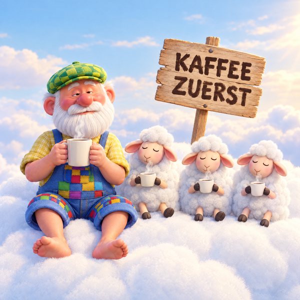Illustration Nr. 11: Der Opa und seine Schafe halten ihren Kaffeebecher, die Augen noch halb geschlossen.