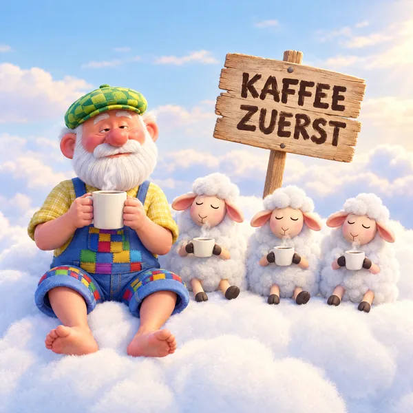 Illustration Nr. 11: Der Opa und seine Schafe halten ihren Kaffeebecher, die Augen noch halb geschlossen.