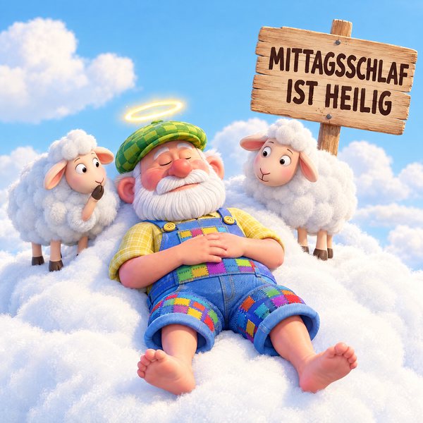 Illustration Nr. 12: Der Opa schläft mit Heiligenschein, zwei Schafe halten Wache.
