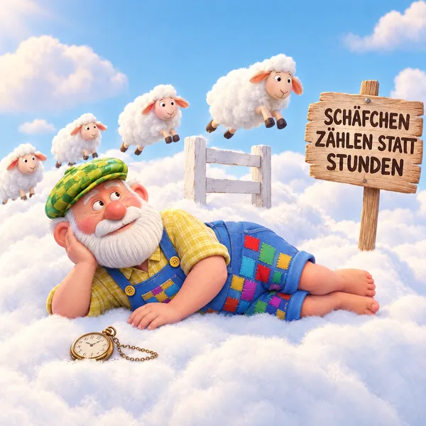 Illustration Nr. 13: Der Opa döst auf der Wolke, die Schafe springen über einen Zaun, die Taschenuhr liegt vergessen daneben.