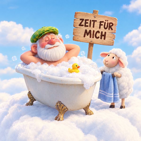 Illustration Nr. 14: Der Opa entspannt im Schaumbad mit Quietscheente, ein Schaf reicht das Handtuch.